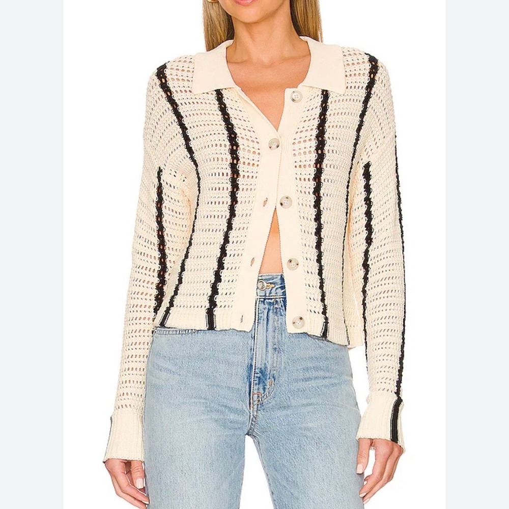 Monrow $225 Striped Organic Cotton Open Knit Crochet Cardigan Size Small
